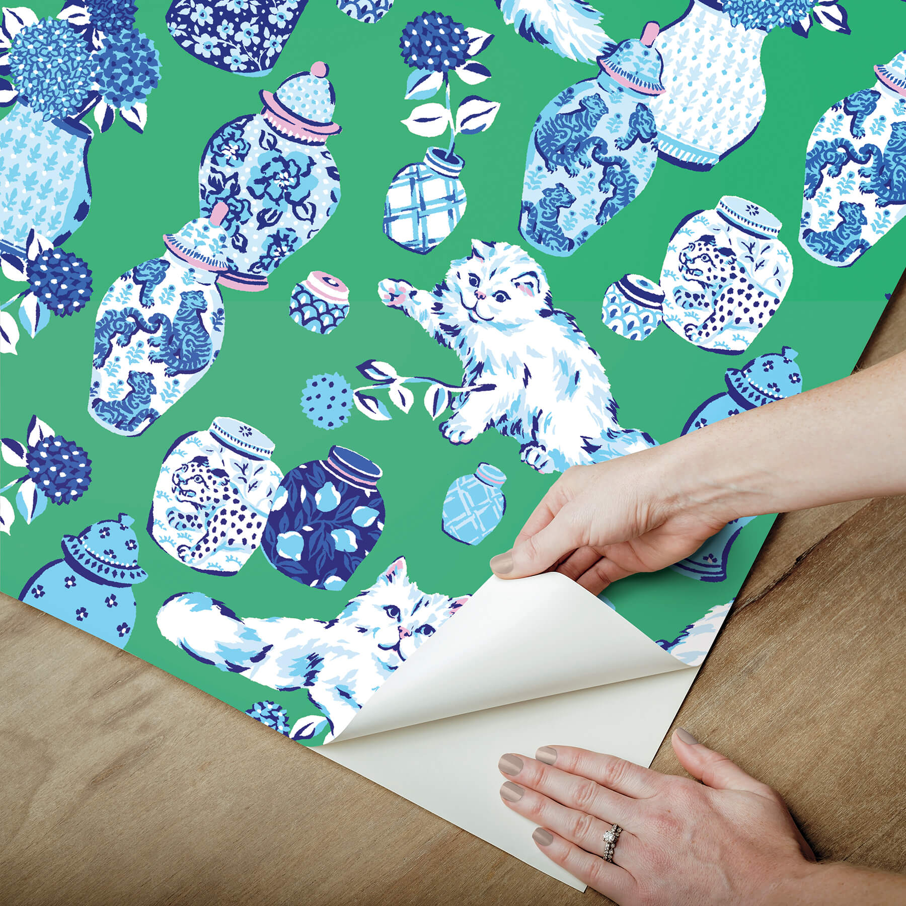 fancy-cats-green-peel-and-stick-wallpaper-york-wallcoverings-pfs6563 - York Wallcoverings Wallpaper