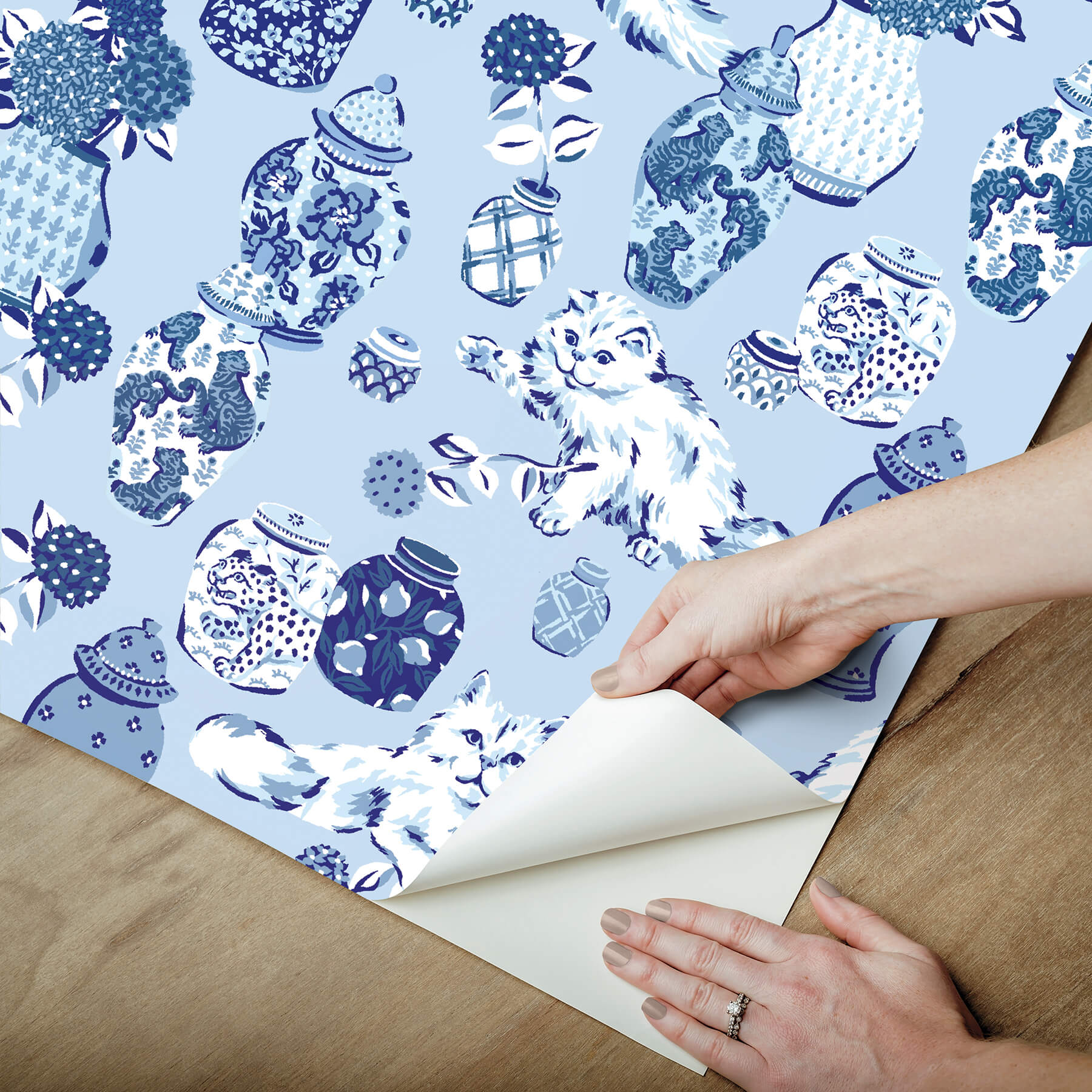 fancy-cats-blue-peel-and-stick-wallpaper-york-wallcoverings-pfs6565 - York Wallcoverings Wallpaper