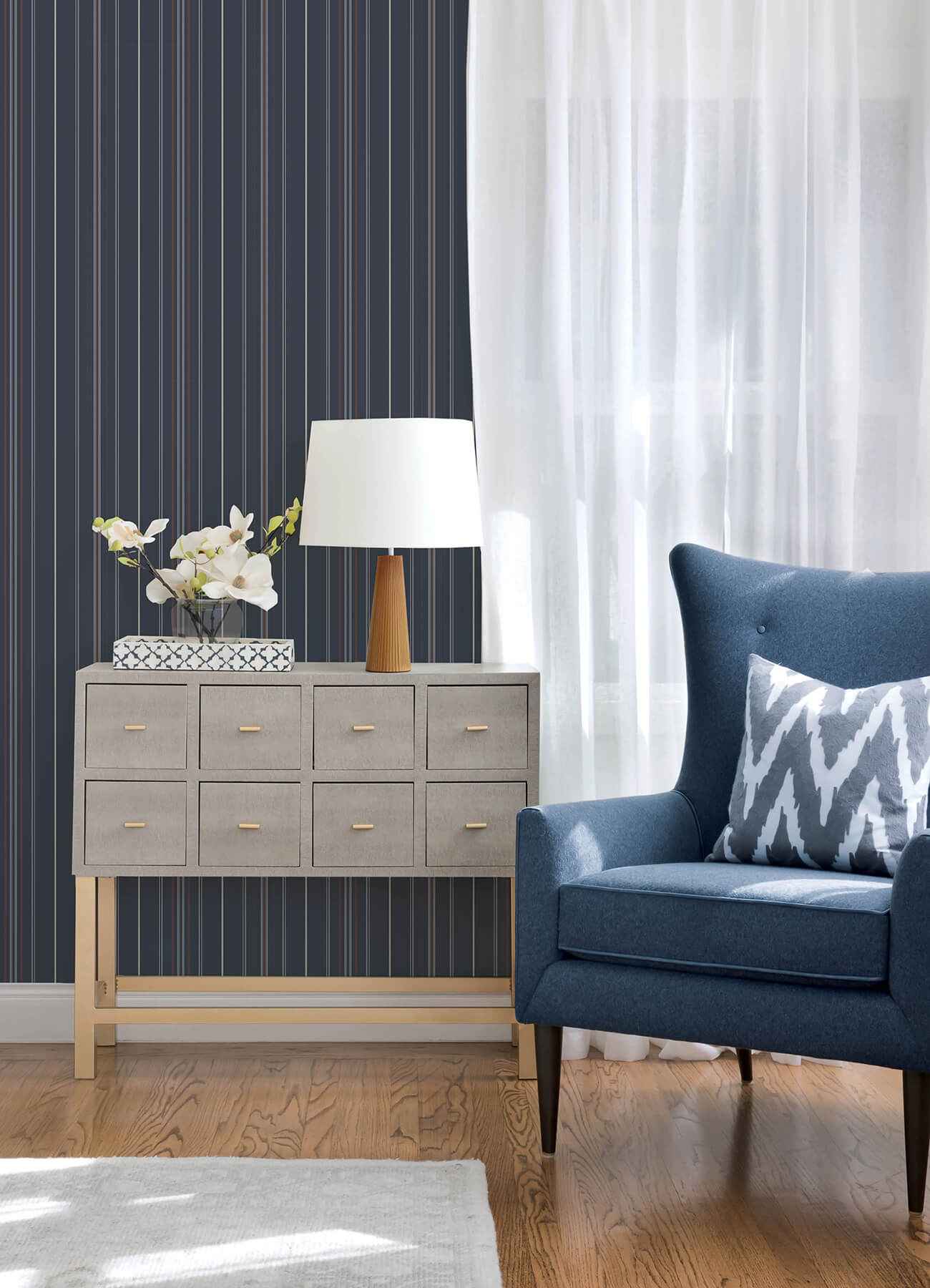 Lascelle Navy Modern Pinstripe Wallpaper - York Wallcoverings - 4192-83450 - York Wallcoverings Wallpaper