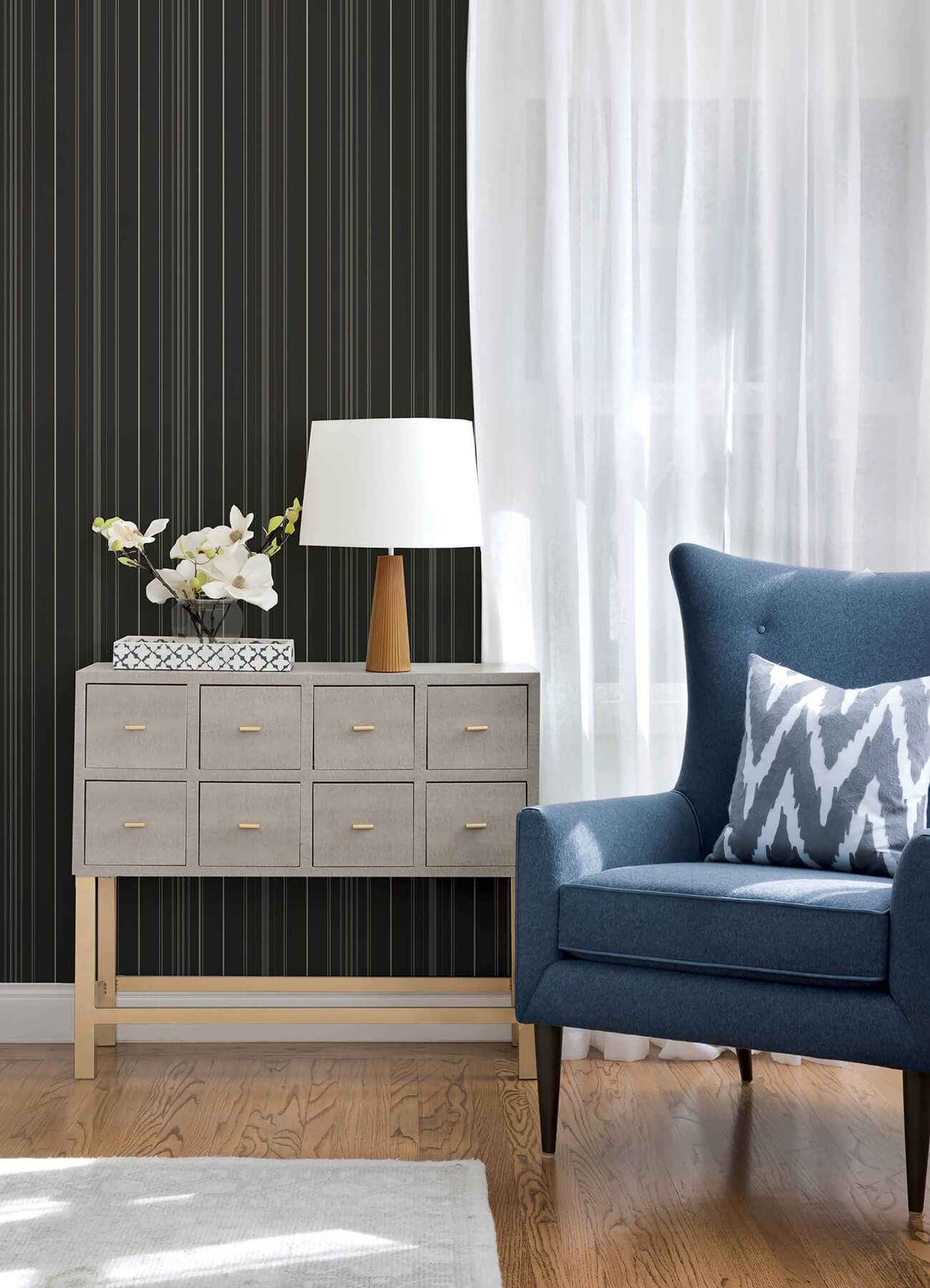 Lascelle Black Modern Pinstripe Wallpaper - York Wallcoverings - 4192-83453 - York Wallcoverings Wallpaper