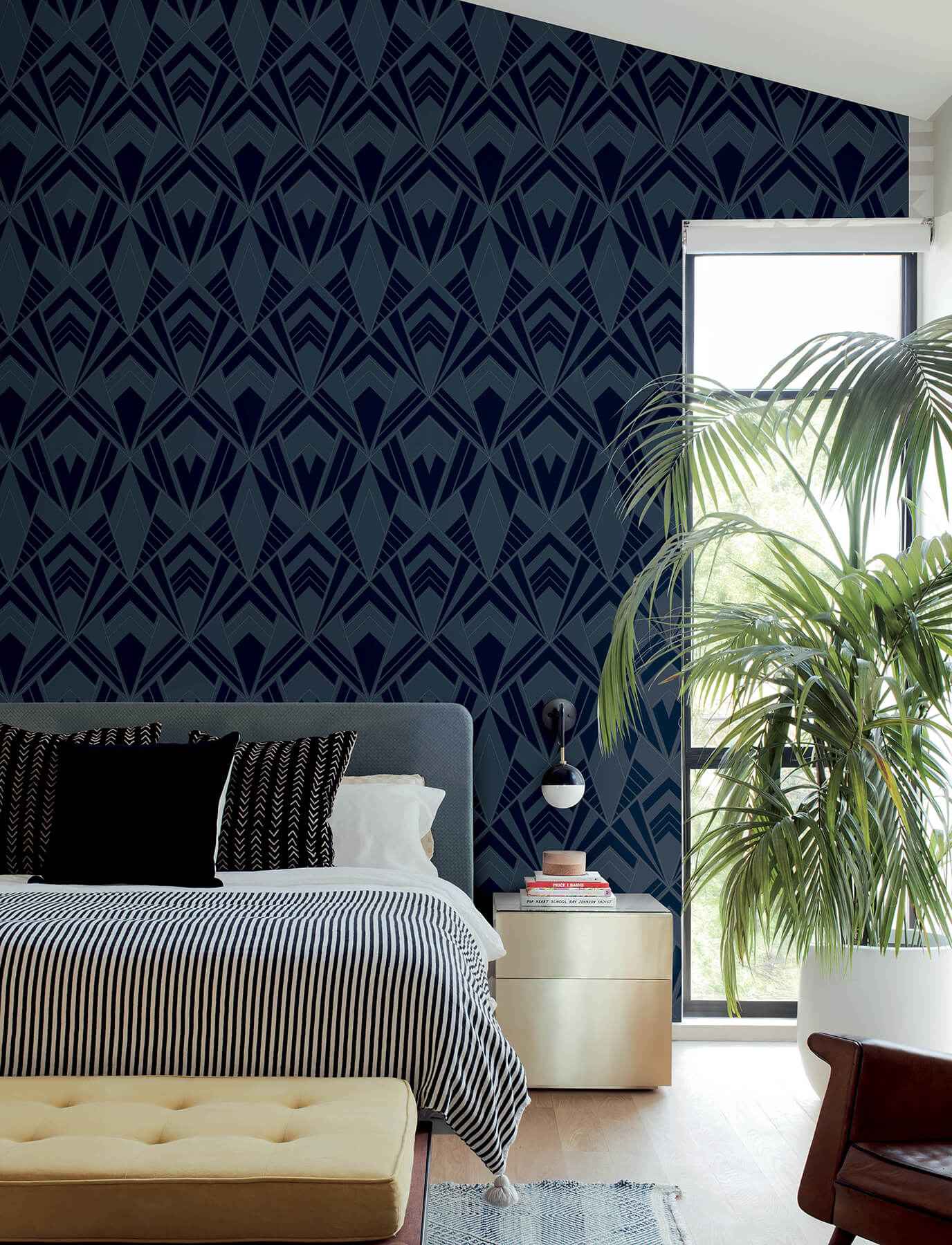 Allenby Indigo Flocked Wallpaper - York Wallcoverings - 4198-87402 - York Wallcoverings Wallpaper