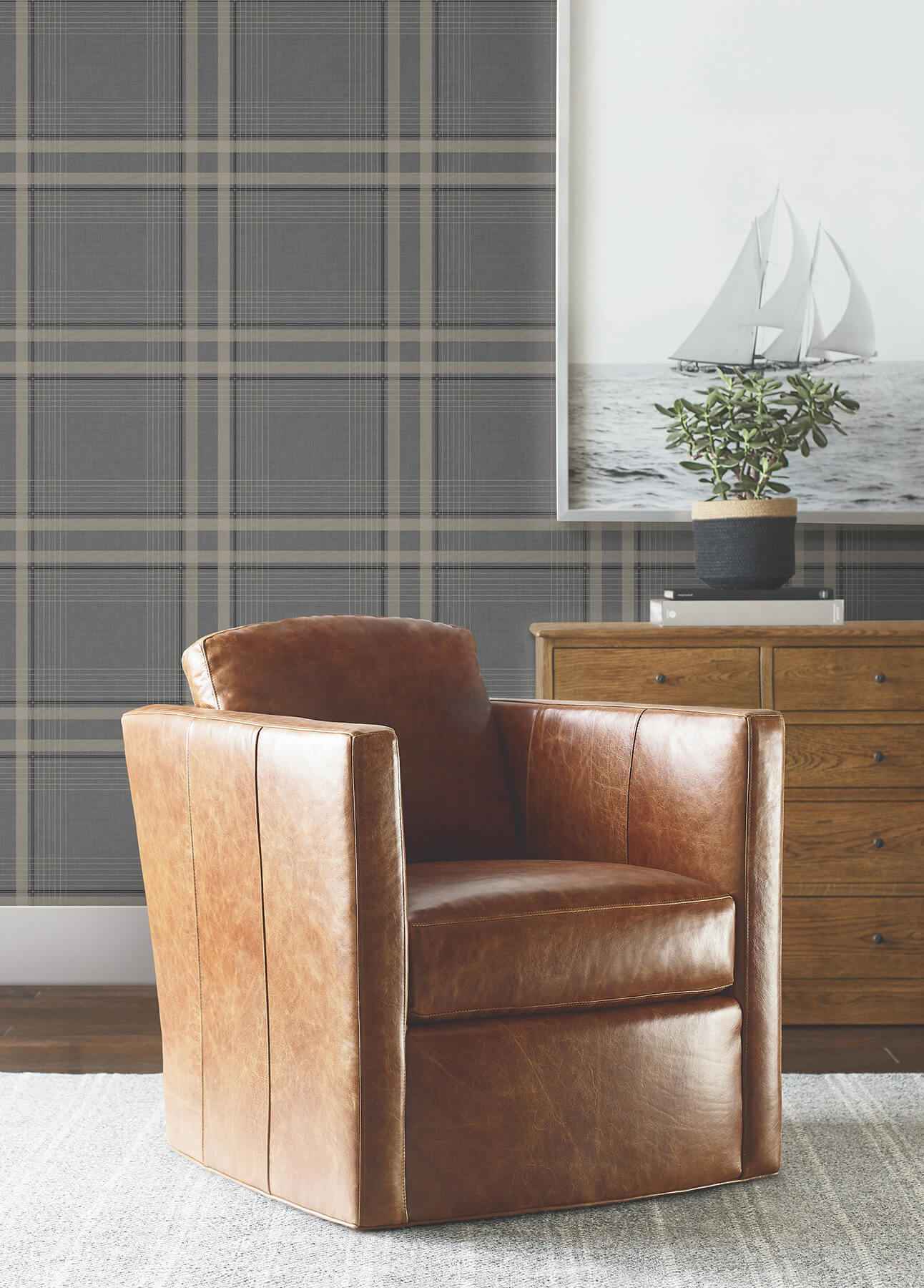 Country Club Plaid Charcoal Faux Linen Wallpaper - York Wallcoverings - 4211-83565 - York Wallcoverings Wallpaper
