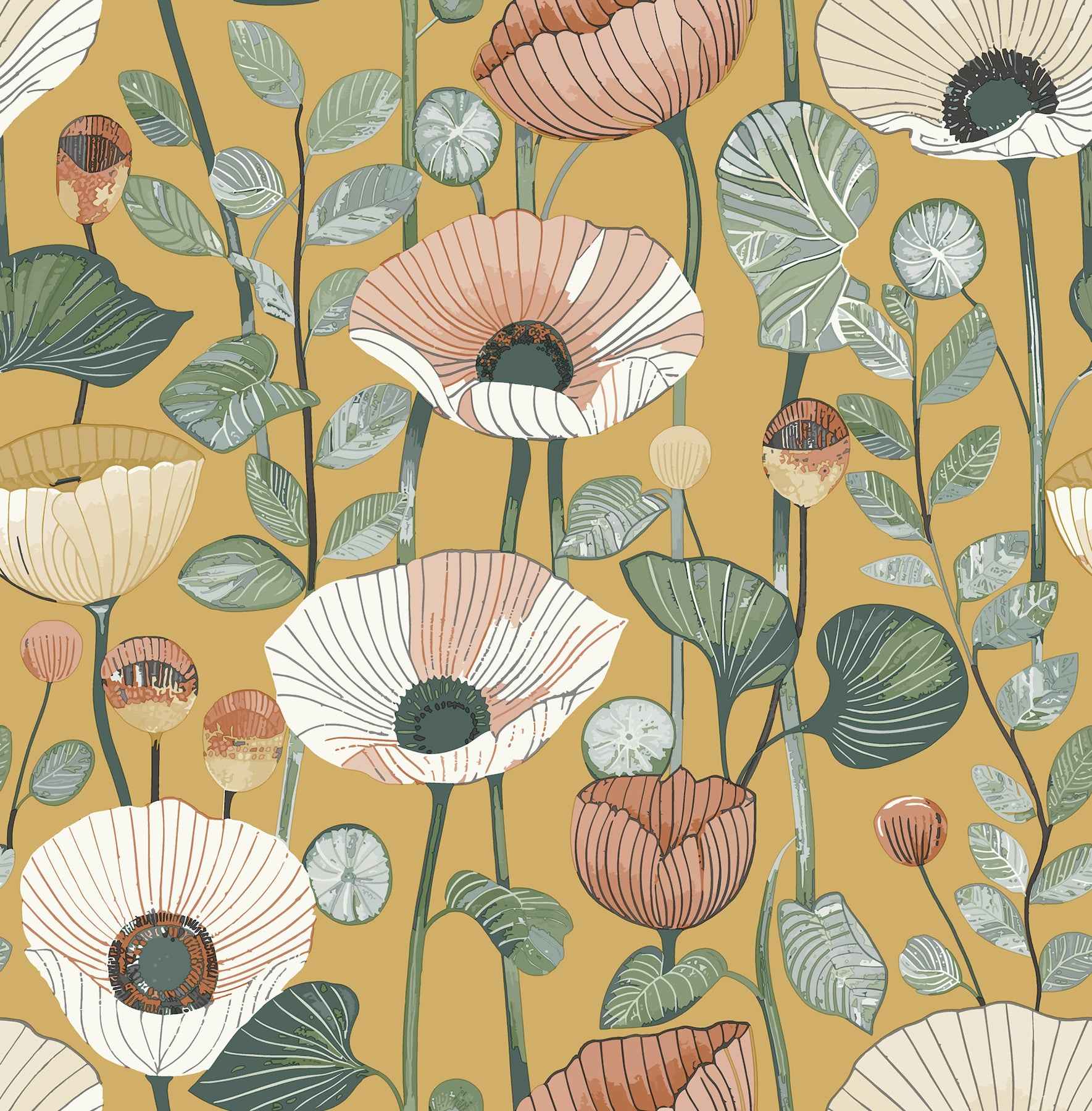 Mindra Mustard Floral Trail Wallpaper - York Wallcoverings - 4197-27873