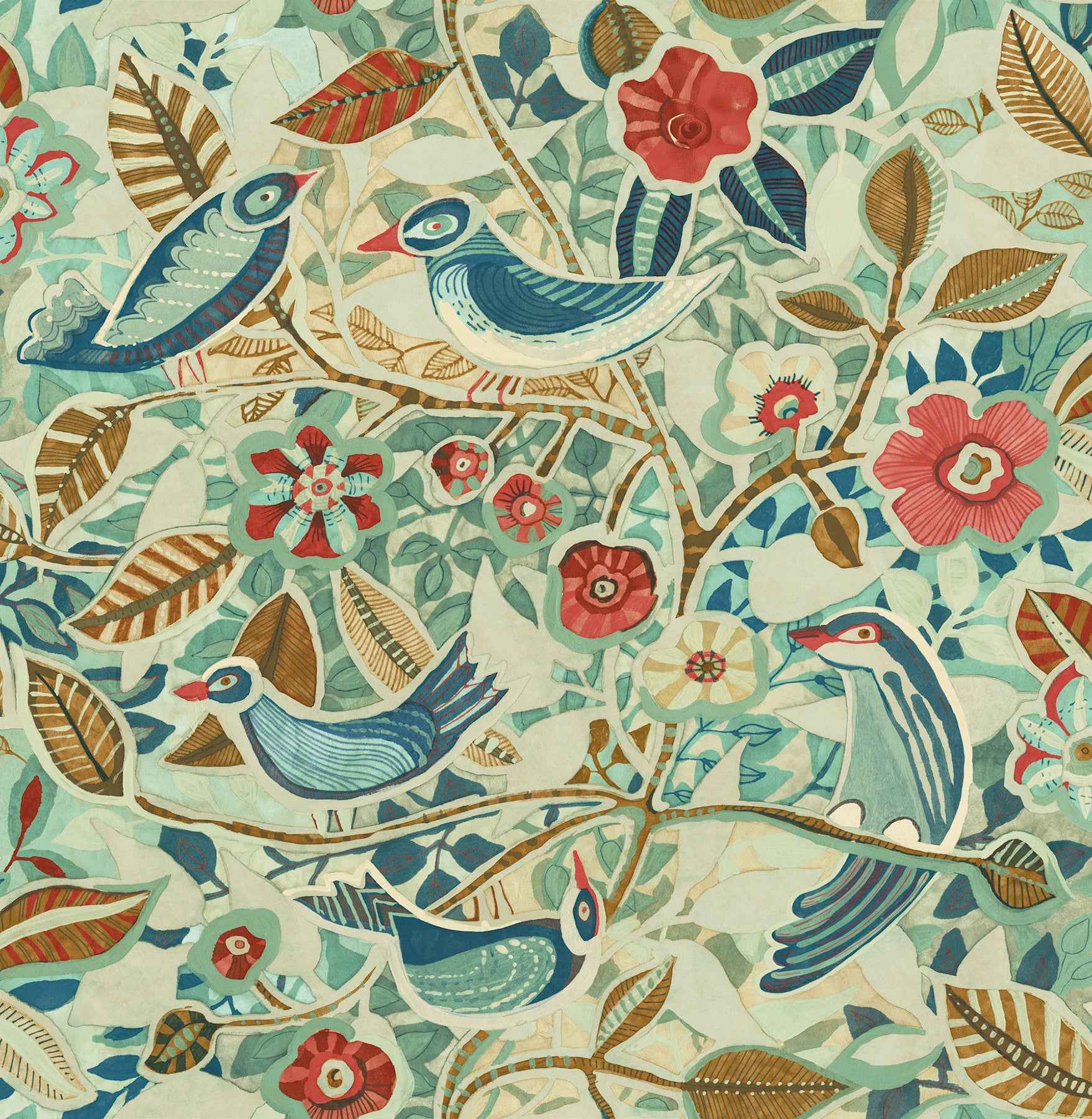 Manette Turquoise Birds in the Bush Wallpaper - York Wallcoverings - 4197-27884