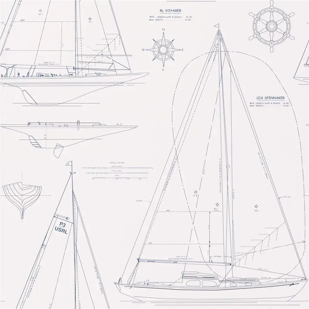 PRL5035/01 Boat Blueprint Dark Blue on White by Ralph Lauren - The WorkRm
