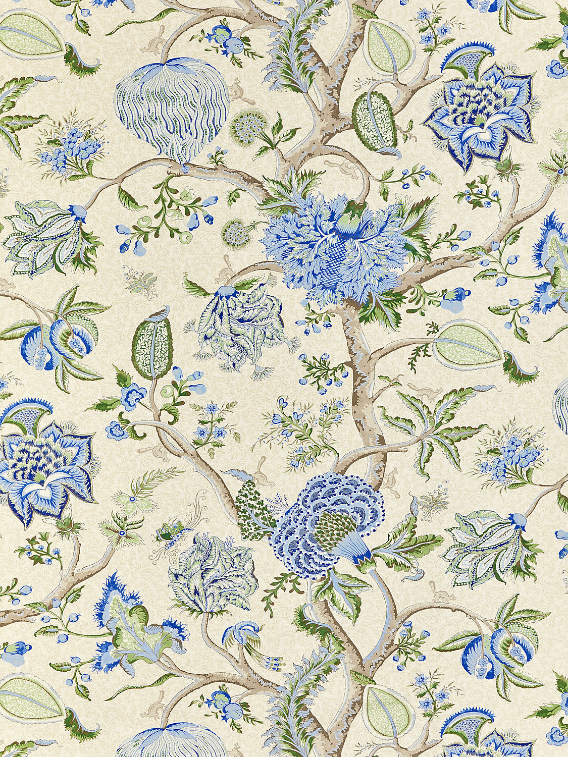 Pondicherry Cotton Print - Blue, Green On Cream - Scalamandre Fabric