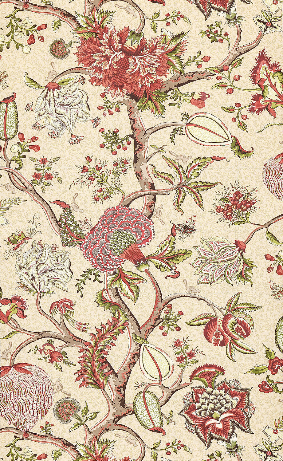 Pondicherry Wallcovering - Turkey Red On Lime Fern - Scalamandre Wallpaper