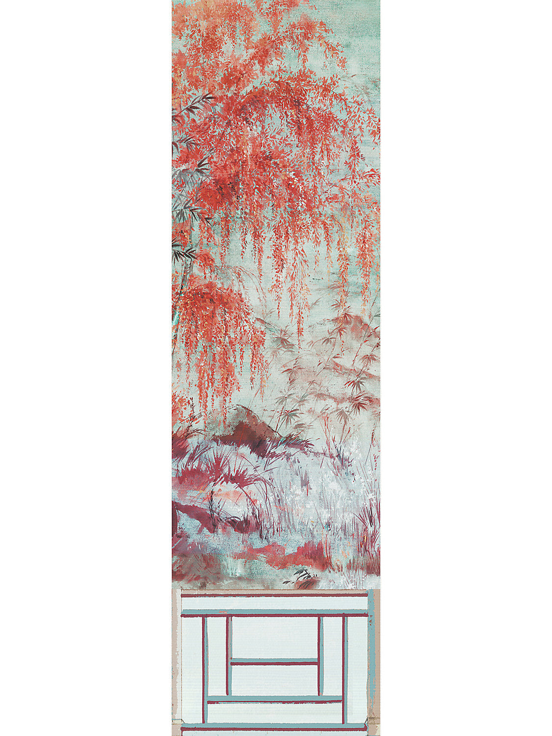 Crested Crane Mural | Panel 2 - Turquoise Red - Scalamandre Wallpaper