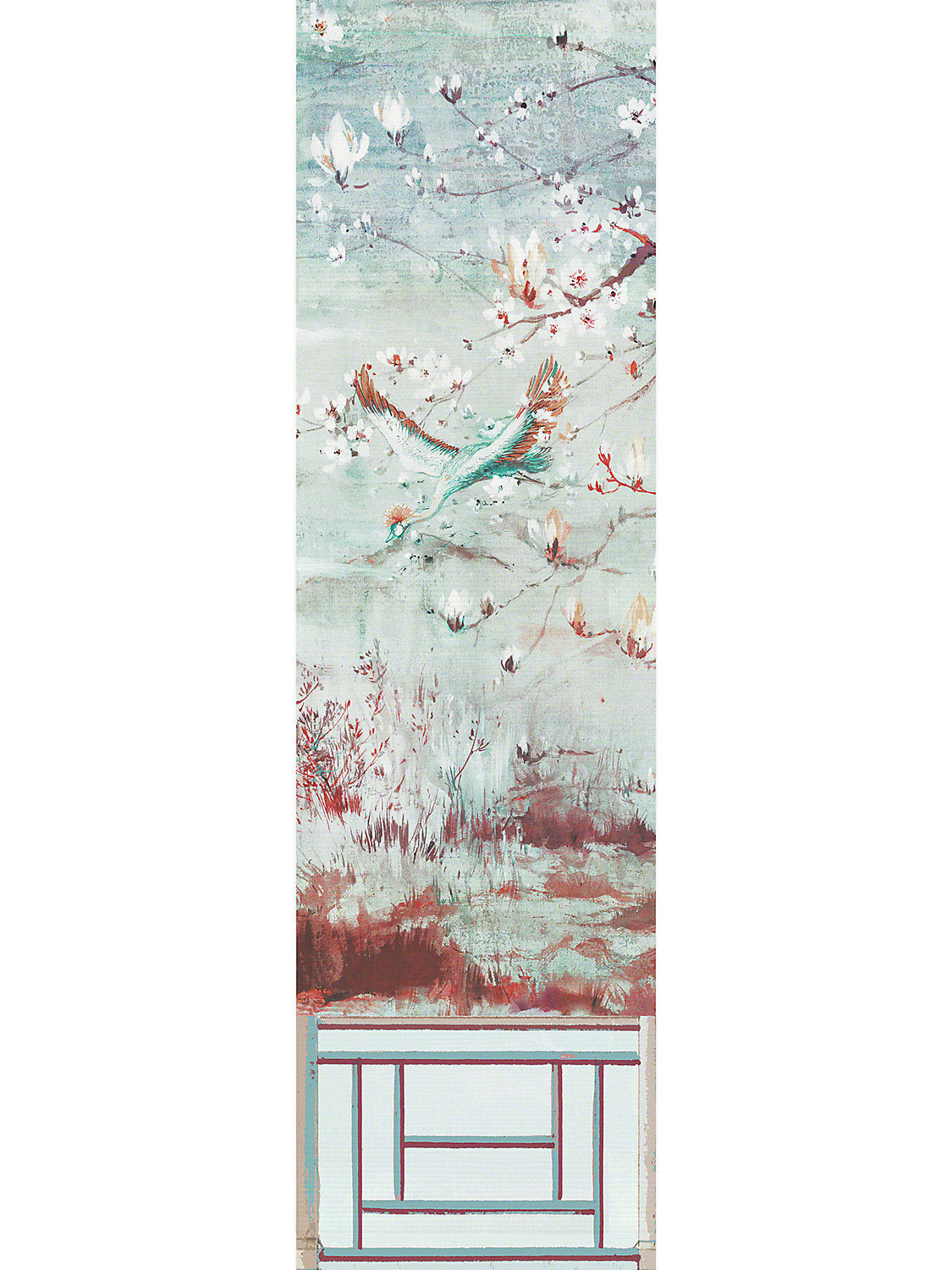 Crested Crane Mural | Panel 5 - Turquoise Red - Scalamandre Wallpaper