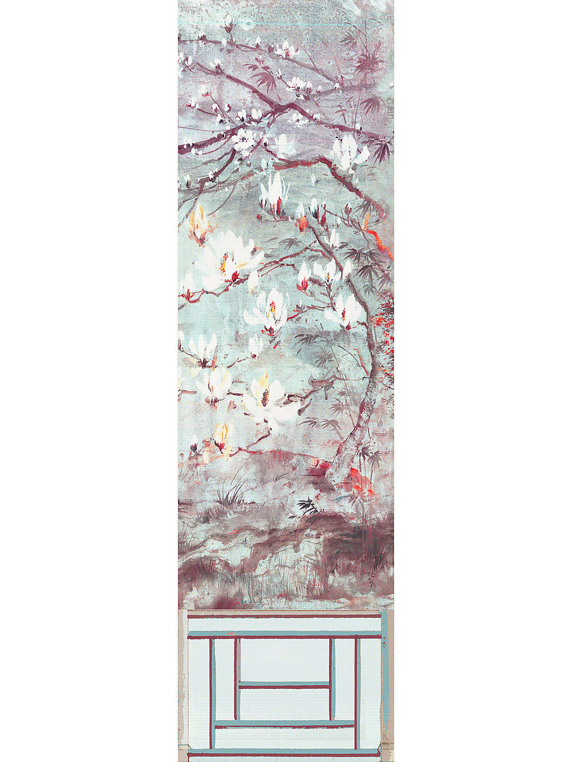 Crested Crane Mural | Panel 6 - Turquoise Red - Scalamandre Wallpaper