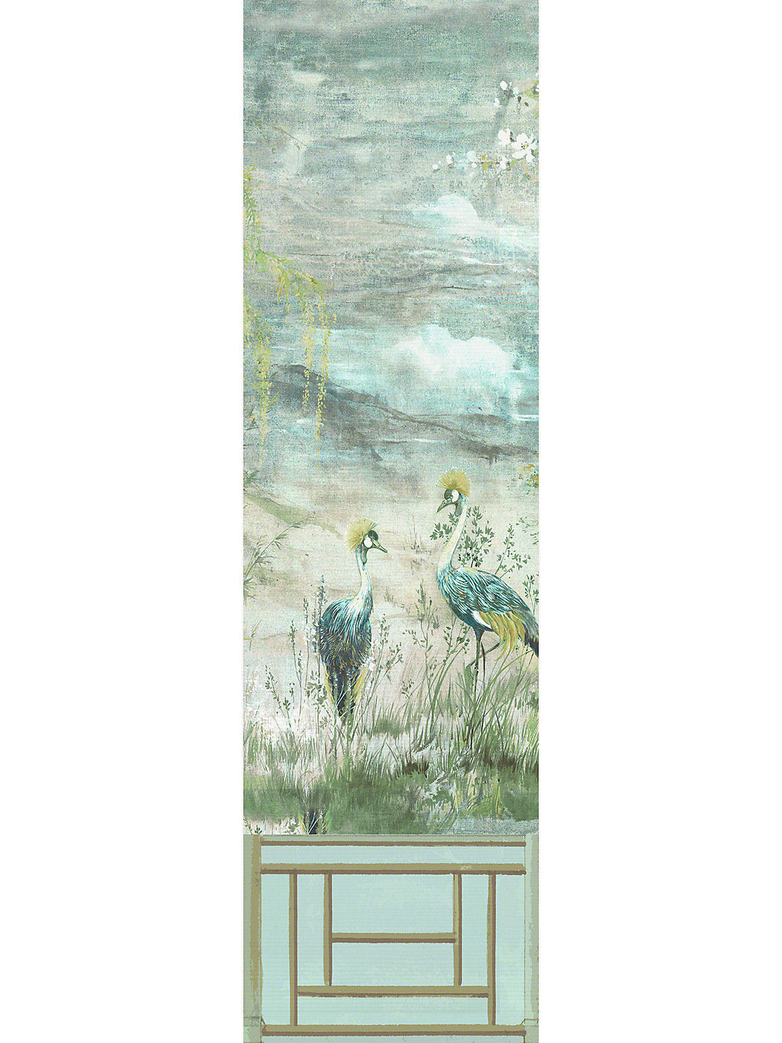 Crested Crane Mural | Panel 3 - Green Gold - Scalamandre Wallpaper