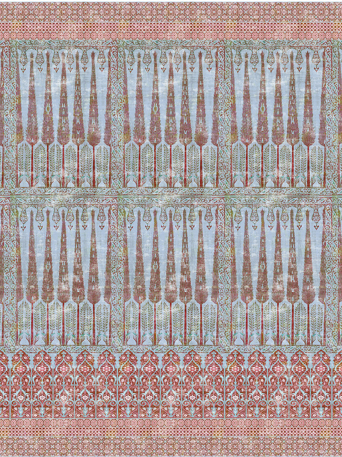 Topkapi Garden | Panel - Turquoise Red - Scalamandre Wallpaper