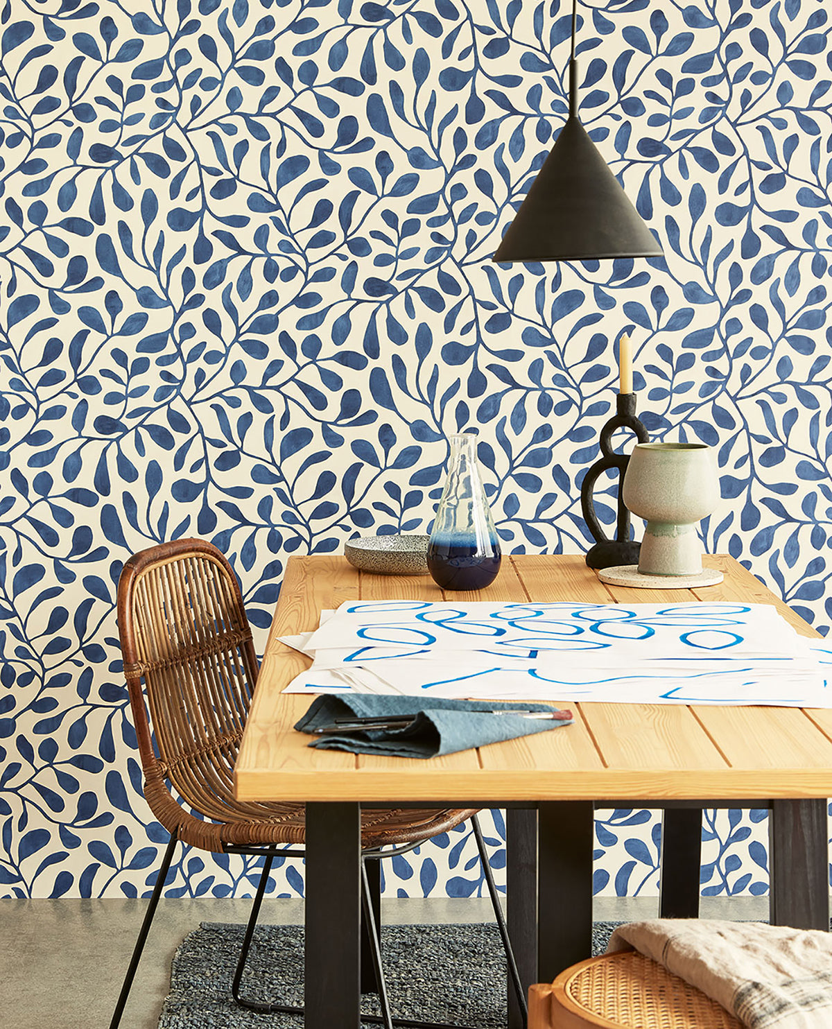 Fiona Dark Blue Leafy Vines Wallpaper - York Wallcovering