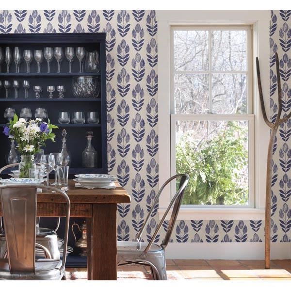 Scandinavian Blue Block Print Tulip - Brewster Wallcovering