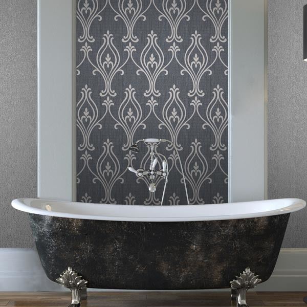 Luca Charcoal Damask  | Brewster Wallcovering
