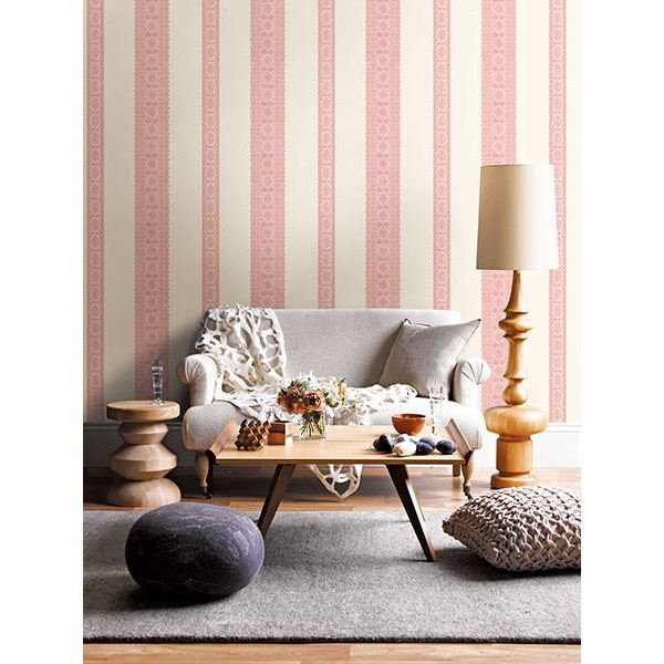 Brynn Pink Paisley Stripe Wallpaper - Brewster Wallcovering