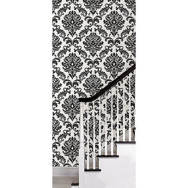 Ariel Black and White Damask Peel and Stick Wallpaper - York Wallcoverings - NUS1646 - York Wallcoverings Wallpaper