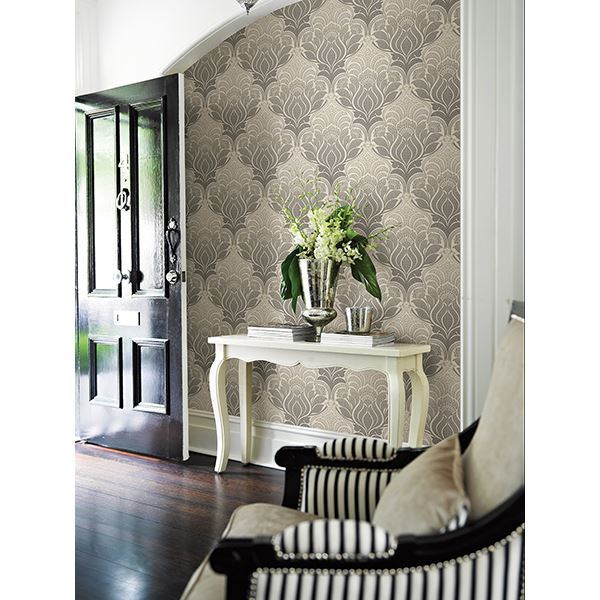 Twill Charcoal Damask  | Brewster Wallcovering