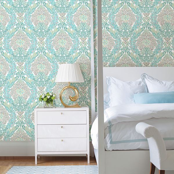 Fontaine Teal Damask  | Brewster Wallcovering