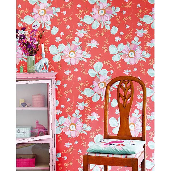 Lyse Coral Painted Flowers Wallpaper  | Brewster Wallcovering