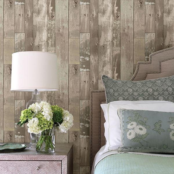 Heim Taupe Distressed Wood Panel Wallpaper - Brewster Wallcovering