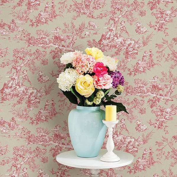 Whitney Red Toile Wallpaper  | Brewster Wallcovering