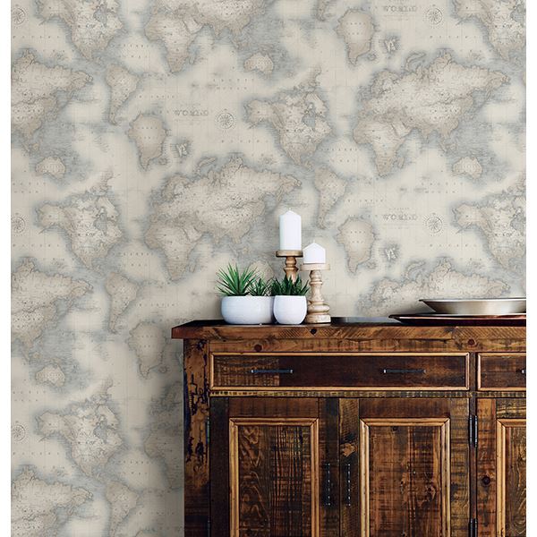 Mercator Blue World Map Wallpaper - Brewster Wallcovering