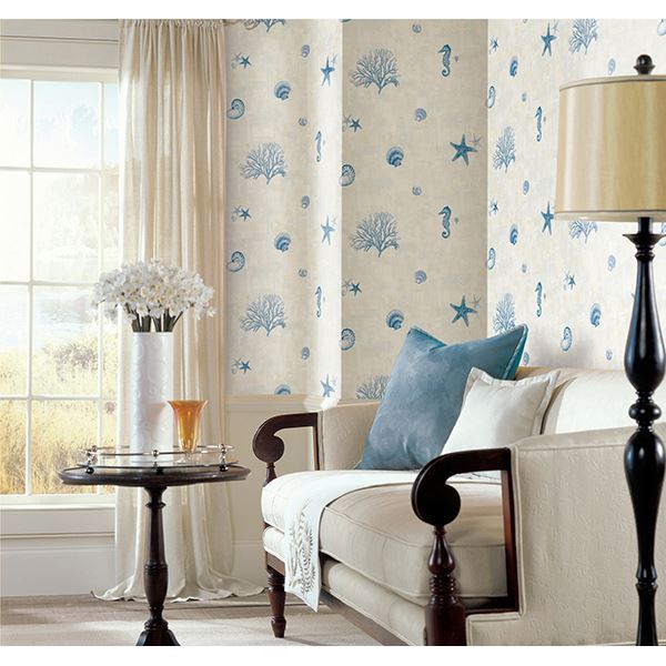 Boca Raton Blue Seashells Wallpaper  | Brewster Wallcovering - The WorkRm