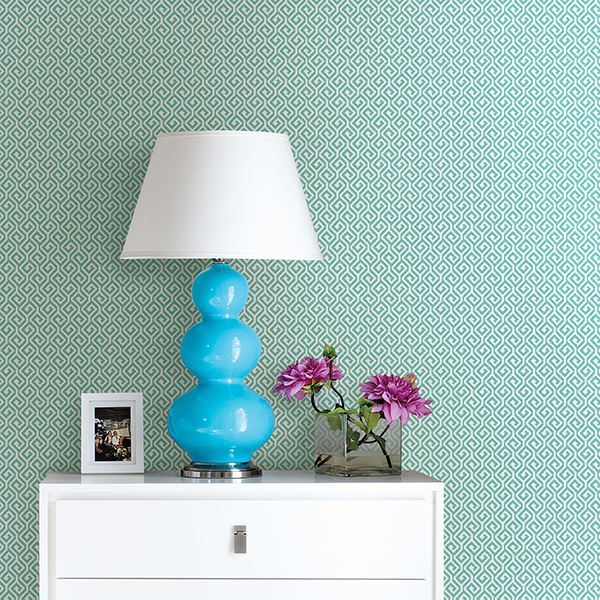 Sete Aqua Greek Key Wallpaper - Brewster Wallcovering