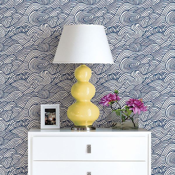 Mare Navy Wave Wallpaper - Brewster Wallcovering