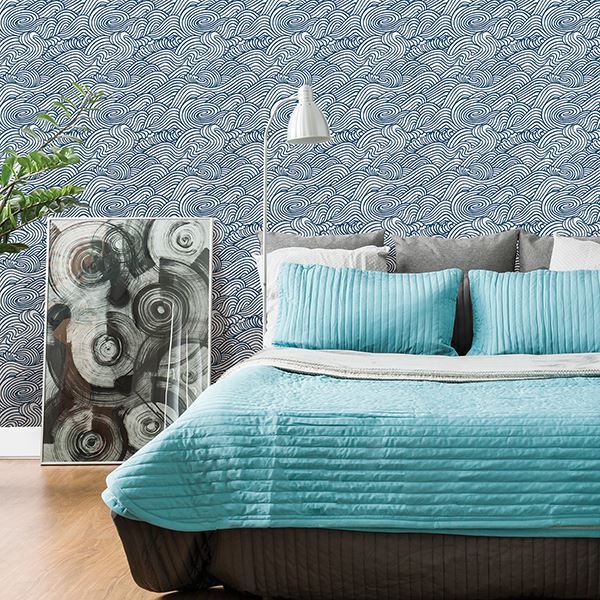 Mare Navy Wave Wallpaper - Brewster Wallcovering