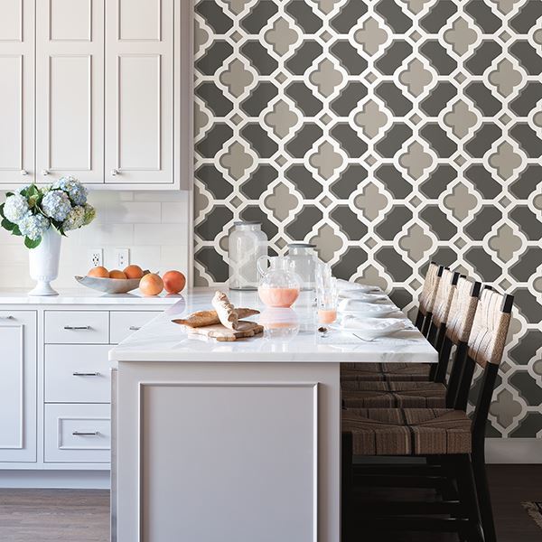 Lido Grey Quatrefoil Wallpaper - Brewster Wallcovering