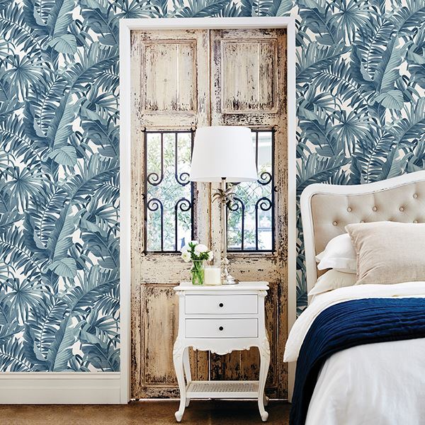 Alfresco Navy Palm Leaf Wallpaper - Brewster Wallcovering