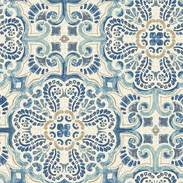 Blue Florentine Tile Peel and Stick Wallpaper - York Wallcoverings - NUS2235 - York Wallcoverings Wallpaper