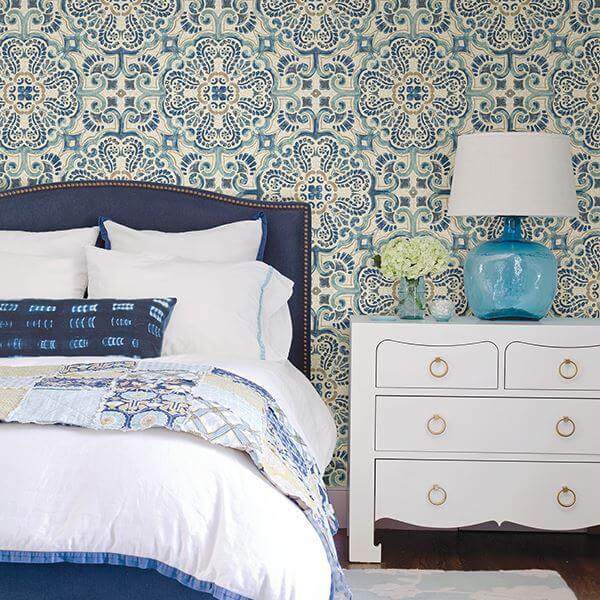 Blue Florentine Tile Peel and Stick Wallpaper - York Wallcoverings - NUS2235 - York Wallcoverings Wallpaper