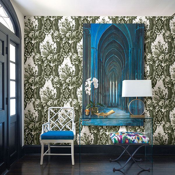 Dreamer Green Damask Wallpaper - Brewster Wallcovering