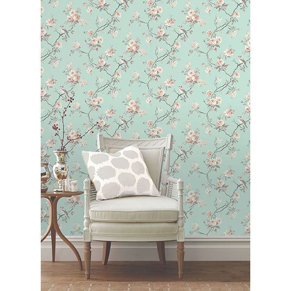 Chinoiserie Seafoam Floral Wallpaper - Brewster Wallcovering