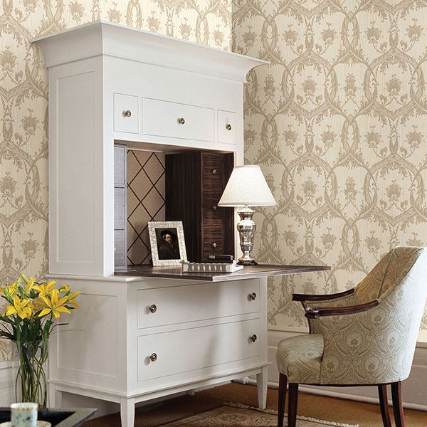 Vignole Beige Damask Wallpaper - Brewster Wallcovering