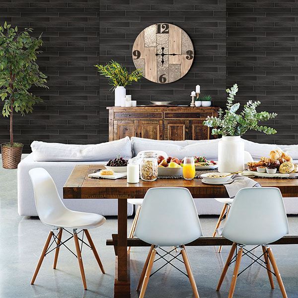 Nika Black Sleek Wood Wallpaper - Brewster Wallcovering