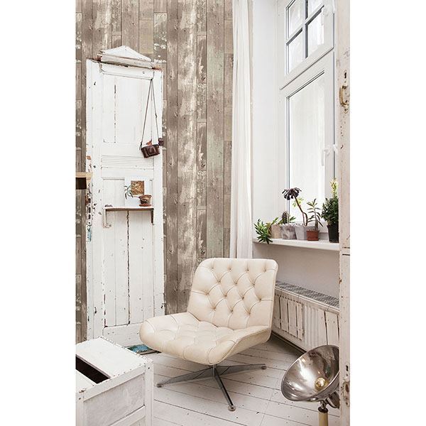 Harbored Neutral Distressed Wood Panel Wallpaper  | Brewster Wallcovering - The WorkRm