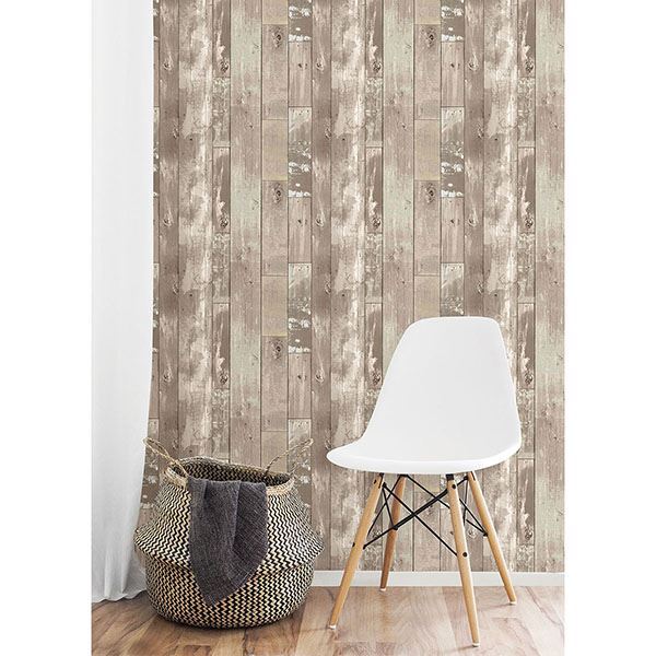 Harbored Neutral Distressed Wood Panel Wallpaper  | Brewster Wallcovering - The WorkRm