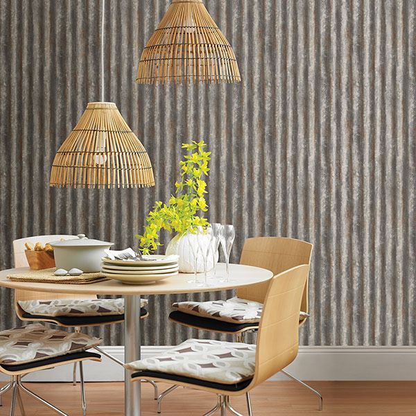 Alloy Silver Corrugated Metal Wallpaper  | Brewster Wallcovering