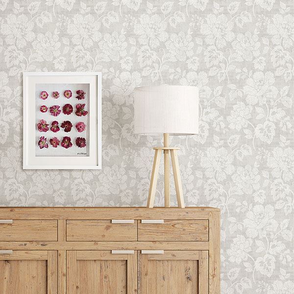 Tansy Light Grey Floral Scroll Wallpaper - Brewster Wallcovering