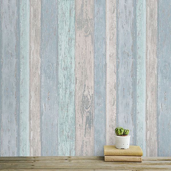 Cannon Blue Distressed Wood Wallpaper - Brewster Wallcovering