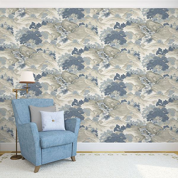 Ordos Blue Eastern Toile Wallpaper - Brewster Wallcovering