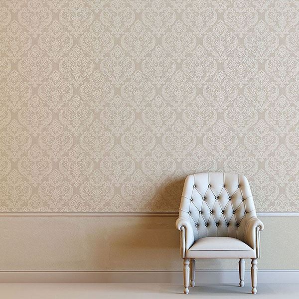 Ida Beige Damask Wallpaper - Brewster Wallcovering