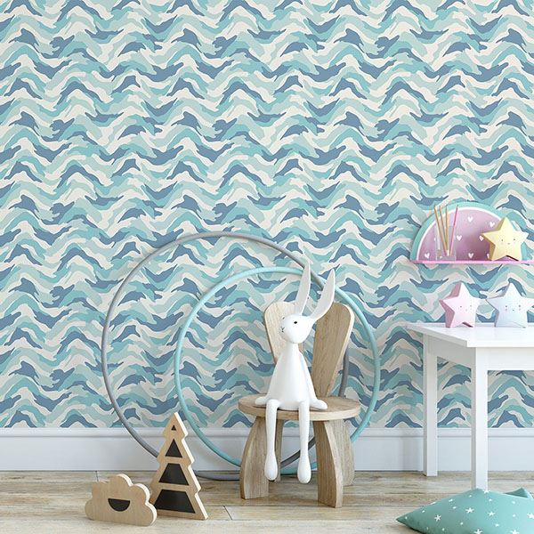 Stealth Light Blue Camo Wave Wallpaper  | Brewster Wallcovering