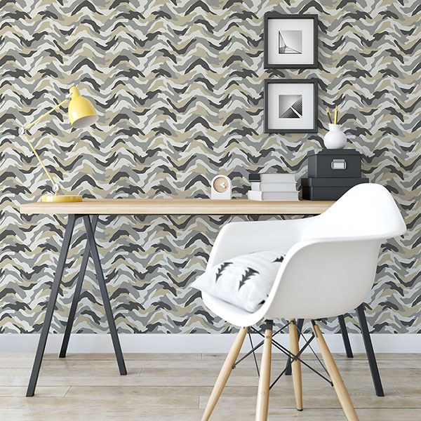 Stealth Grey Camo Wave Wallpaper  | Brewster Wallcovering