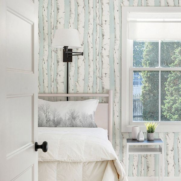 Pioneer Light Blue Birch Tree Wallpaper  | Brewster Wallcovering - The WorkRm