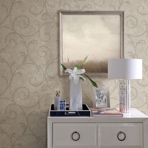 Sansa Khaki Plaster Scroll Wallpaper - Brewster Wallcovering